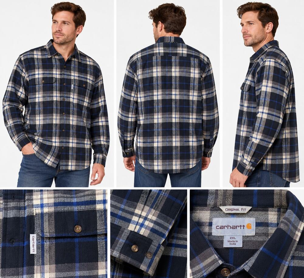 Carhartt Original Fit Plaid Flannel Shirt Men’s 2XL Black Blue Gray
